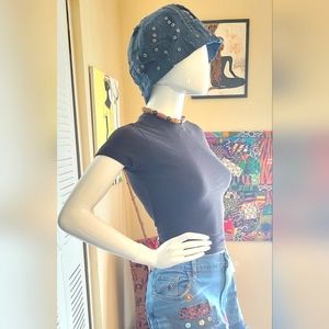 Funky freyed denim jean  beaded hat,med   large fit